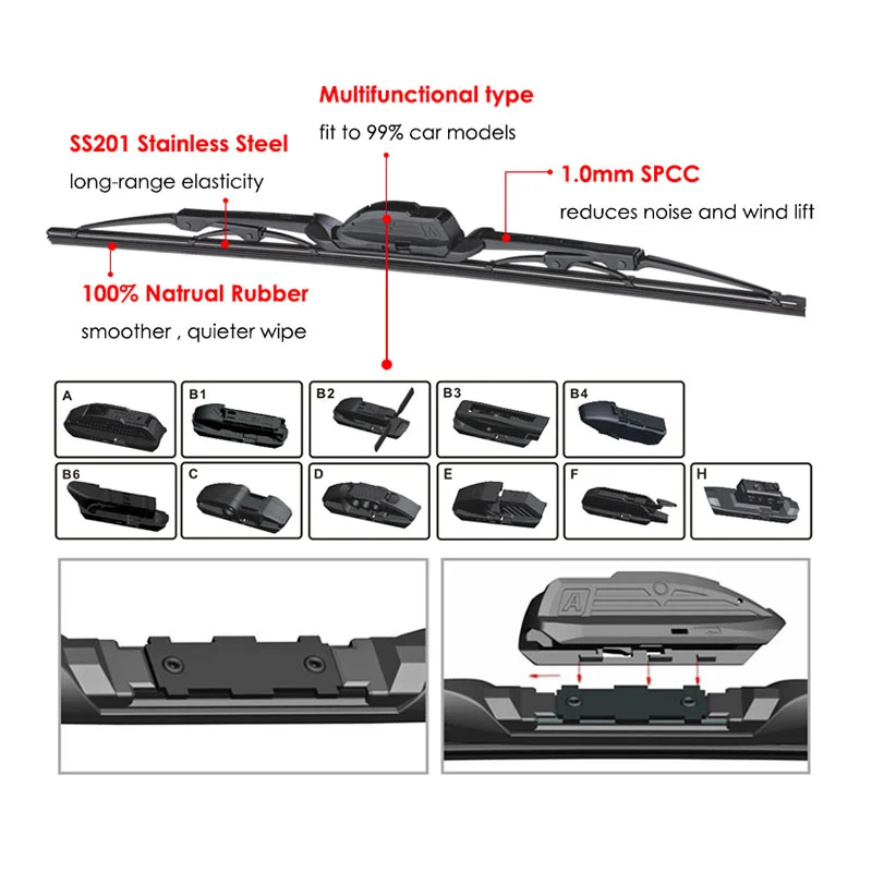 Bosoko T710 Front Frame Wiper Blades with Multi-Adapters Detail